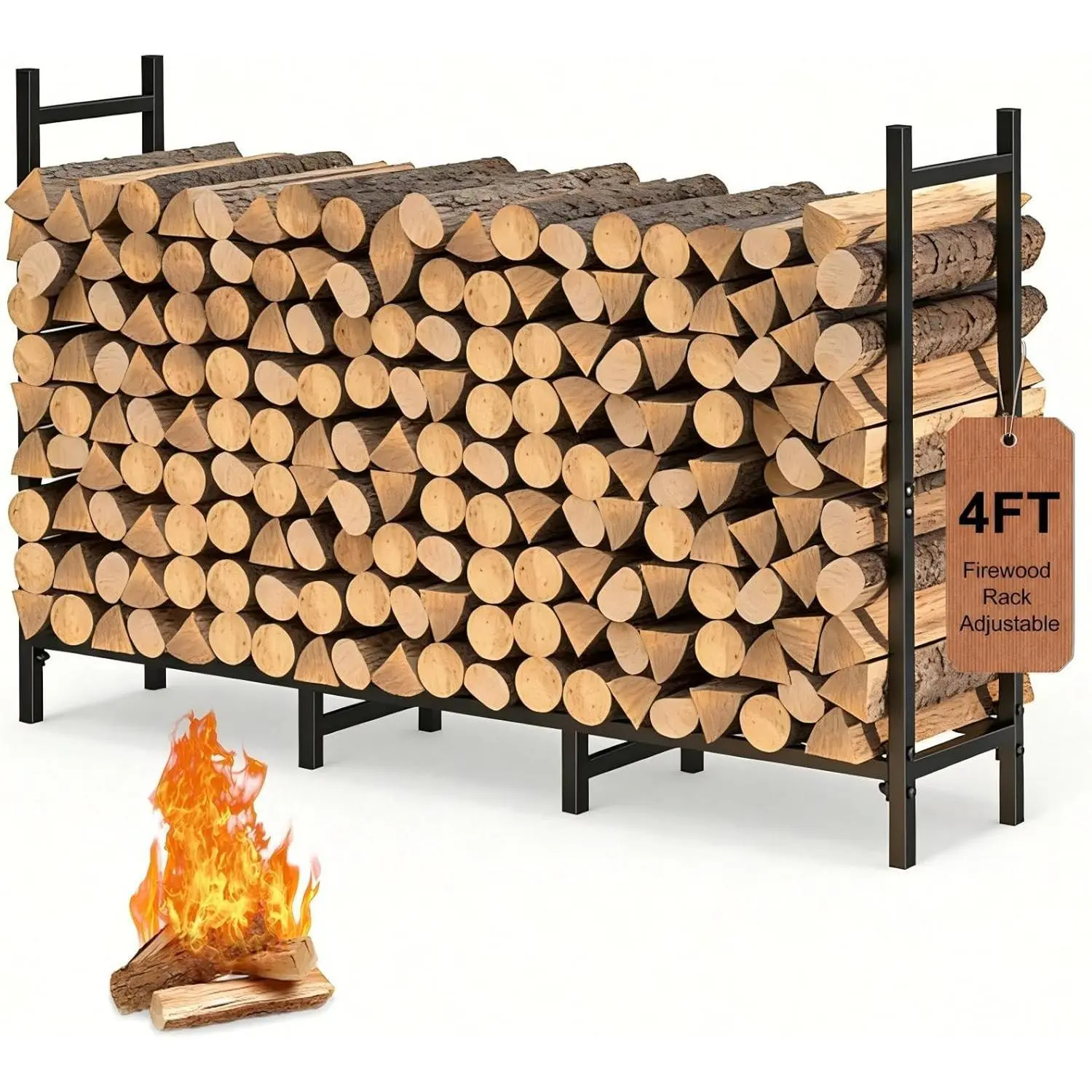 4FT Heavy-Duty Alloy Steel Rectangular Firewood Rack Kit - 48"W Dual-Use Indoor-Outdoor Log Holder, Rust-Resistant Storage Organizer with Adjustable Design, Kindling Cradle, Bracket Shelf, Spanner, 10"D x 28"H, Large Capacity, Assembly Required