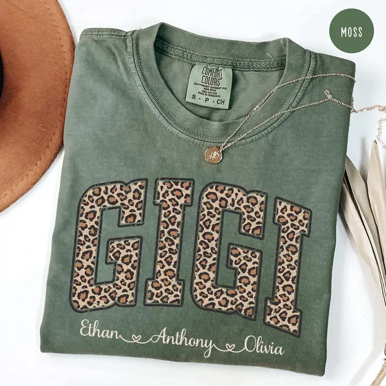 Comfort ColorsLeopard Gigi Shirt with Children Names Gigi Shirt,Leopard Gigi Shirt,Personalized Gigi Shirt,Gift for Gigi,Mother’s Day Gift