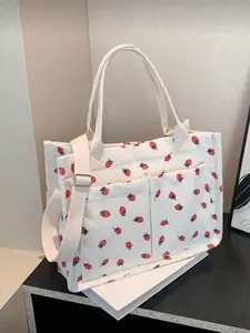 Stylish Casual Multi-Pocket Strawberry Print Shoulder Bag, Elegant Commuter Bag, Large Capacity Handbag with Adjustable Straps, Perfect for Girls & Women
