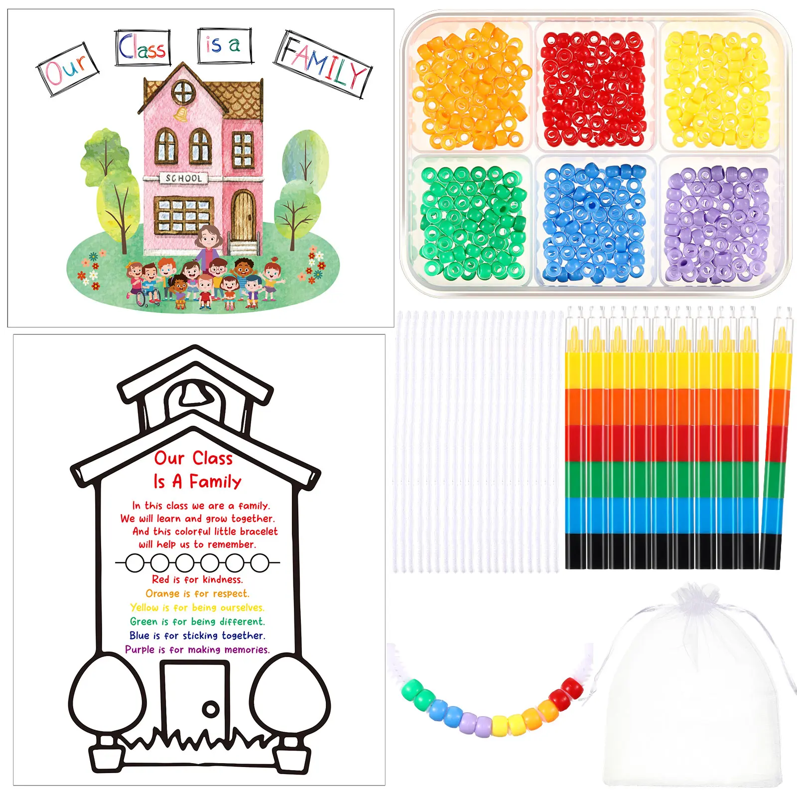 24Sets Back to School Gifts Set for Pre-K Kindergarten Elementary DIY Making Kit Include Our Class Is a Family Greeting Cards Bead Bracelets Stackable Crayons with Bags for First Day of School Gift for Class Community Classroom Reward Goodie Bag Stuffers