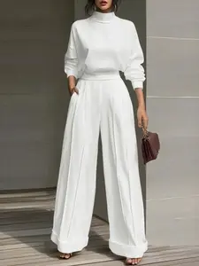 Women's Casual Two-Piece Set Outfit, High Neck Long Sleeve Top & High Waist Wide Leg Pants, Daily Office Style, Comfortable and Stylish