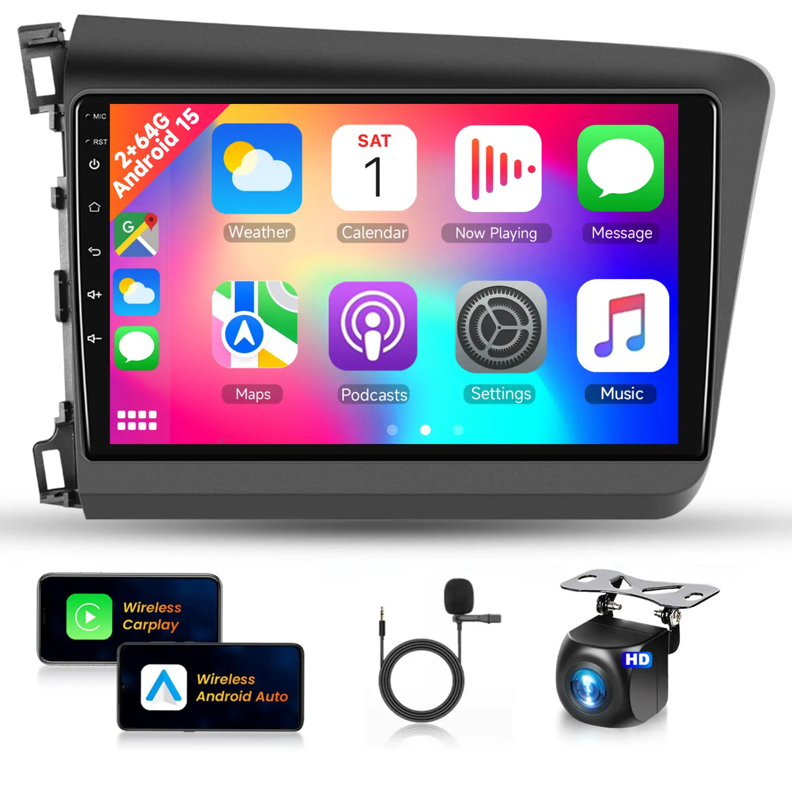 9-Inch Touchscreen Car Radio for Honda Civic 2012-2015 [2+64G] with Wireless CarPlay, Android Auto, Bluetooth, GPS Navigation, DSP, WiFi, FM, SWC, Dual USB, HD Backup Camera, Plug-and-Play Car Audio (Father's Day Gift), Android Auto Car Stereos
