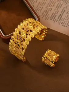 24k Gold Plated Jewelry Set, Hollow Wheat Design Copper Wedding Party Accessories, Includes Bracelet and Ring, Valentine's Day Gift, Elegant Jewelry Set