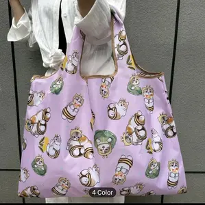Cute Cat Pattern Large Nylon Foldable Tote Bag with Wrist Strap - Anime Lightweight Machine Washable Portable Grocery Bag - Kawaii Reusable Shopping Bag