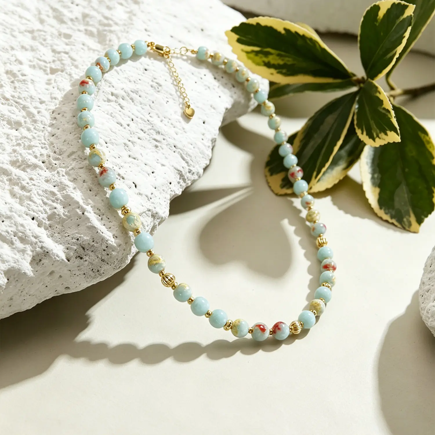 Women's Boho Choker Necklace, Beaded with Natural Light Blue Stone and Gold Spacers, Adjustable Summer Fashion Jewelry, Female