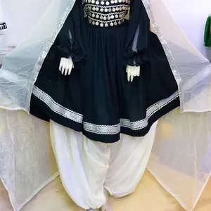 Black Afghan Kuchi Dress Set | Handmade Tribal Embroidered Dress with Dupatta | Cultural Festival Outfit