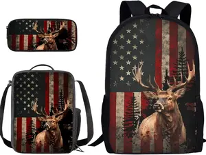 Distressed American Flag Mountain Elk Graphic Teen Adult Backpack Set, Skin-Friendly Waterproof Polyester Retro Forest Deer Full Print 3 Piece Matching Bag Pack, Ergonomic Cushioned Comfort Wear, School Hunting Road Trip Casual Patriotic Student Bookbag
