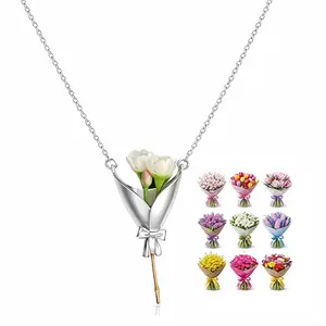 Flower Bouquet Necklace Flower Holder Necklace Pendant 2026 Creative Floral Vase Necklaces Kawaii Aesthetic Spring Dresses Mothers Day Jewelry Gifts Graduation Gifts for Daughter(Without Flower)