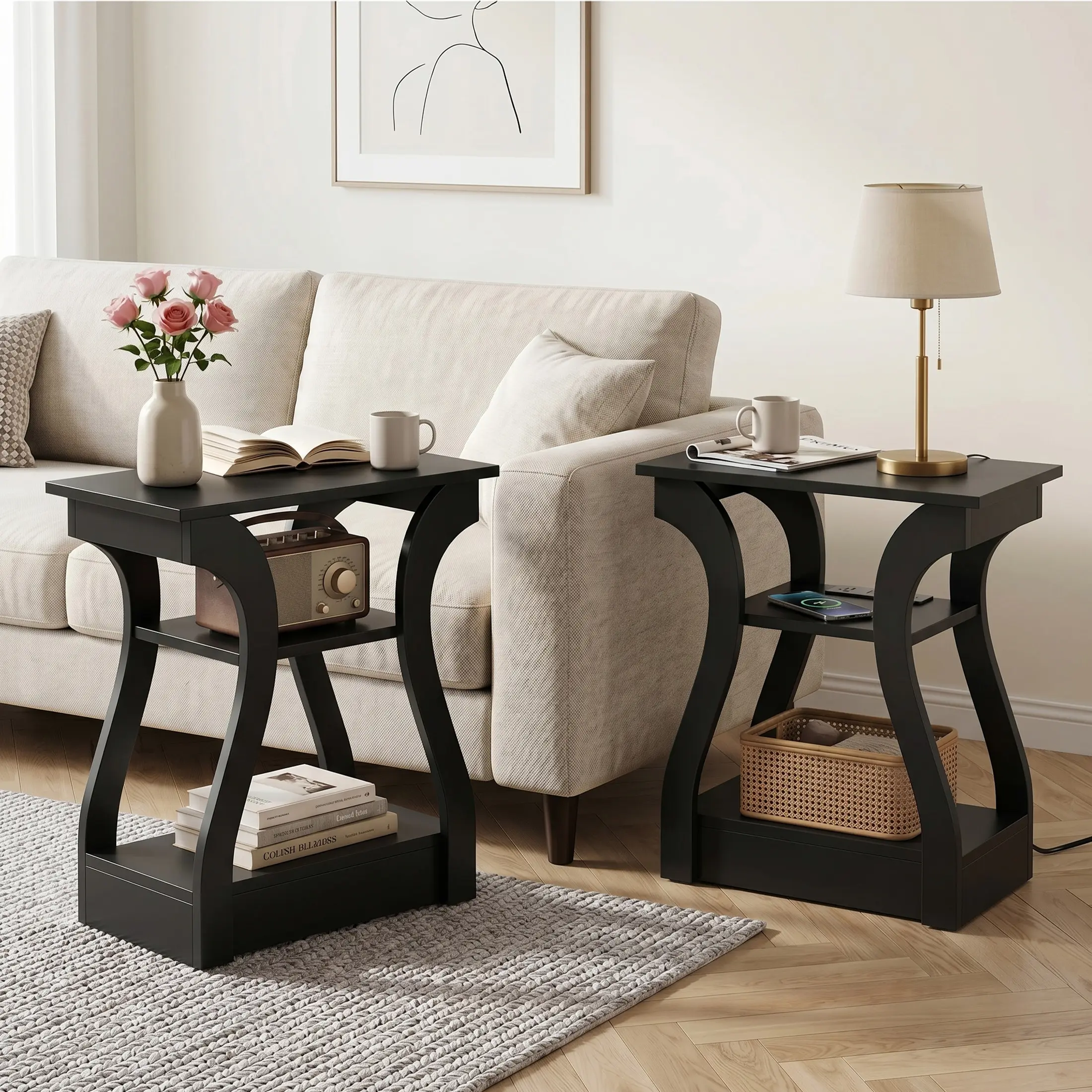 C-Shaped Side End Table with Built-in Charging Station, 2 AC Outlets USB & Type-C Ports, Curved Frame Storage Nightstand for Sofa Couch Living Room Bedroom