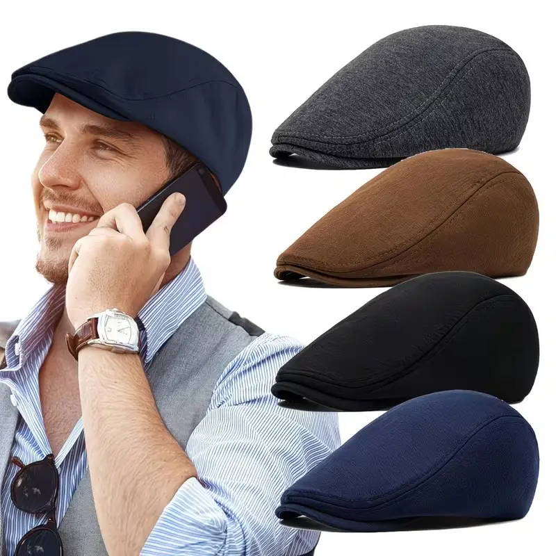 4Pcs Men Vintage Solid Wool Newsboy Cap Set, Soft Stretch Warm Cabbie Flat Beret Hat, British Retro Solid Forward Cap for Fall Winter Outdoor Travel Daily, Holiday & Father’s Day Gift for Men