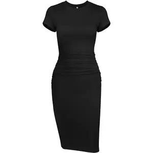 Women's Bodycon Ruched Short Sleeve T Shirt Midi Sundress Fitted Casual Dress