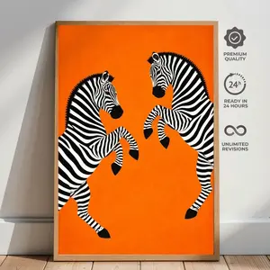 Zebra Poster, Orange Background, Modern Animal Wall Art, Safari Print Q