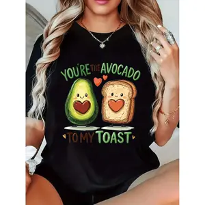Women's Casual Short Sleeve T Shirt Featuring Cute Print With You're The Avocado To My Toast Text Made From Stretchy Polyester Fabric Regular Fit Round Neck Top Ideal For Casual Wear Machine Washable Comfortable Pullover White
