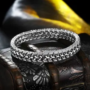 925 Sterling Silver Bracelet for Men, Retro Oxidized Geometric Interlocking Armor Link Bangle, Hypoallergenic Punk Rock Hidden Clasp Cyberpunk Streetwear Jewelry bohemian style