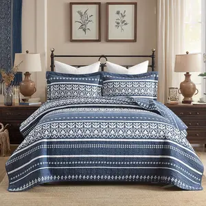 Navy Boho Quilt Set  Size - Bohemian Striped Bedspread  Size,   Navy Blue Quilt Bedding Set, Lightweight Quilted Coverlet Set for  Bed,Navy Blue White,3 Pieces