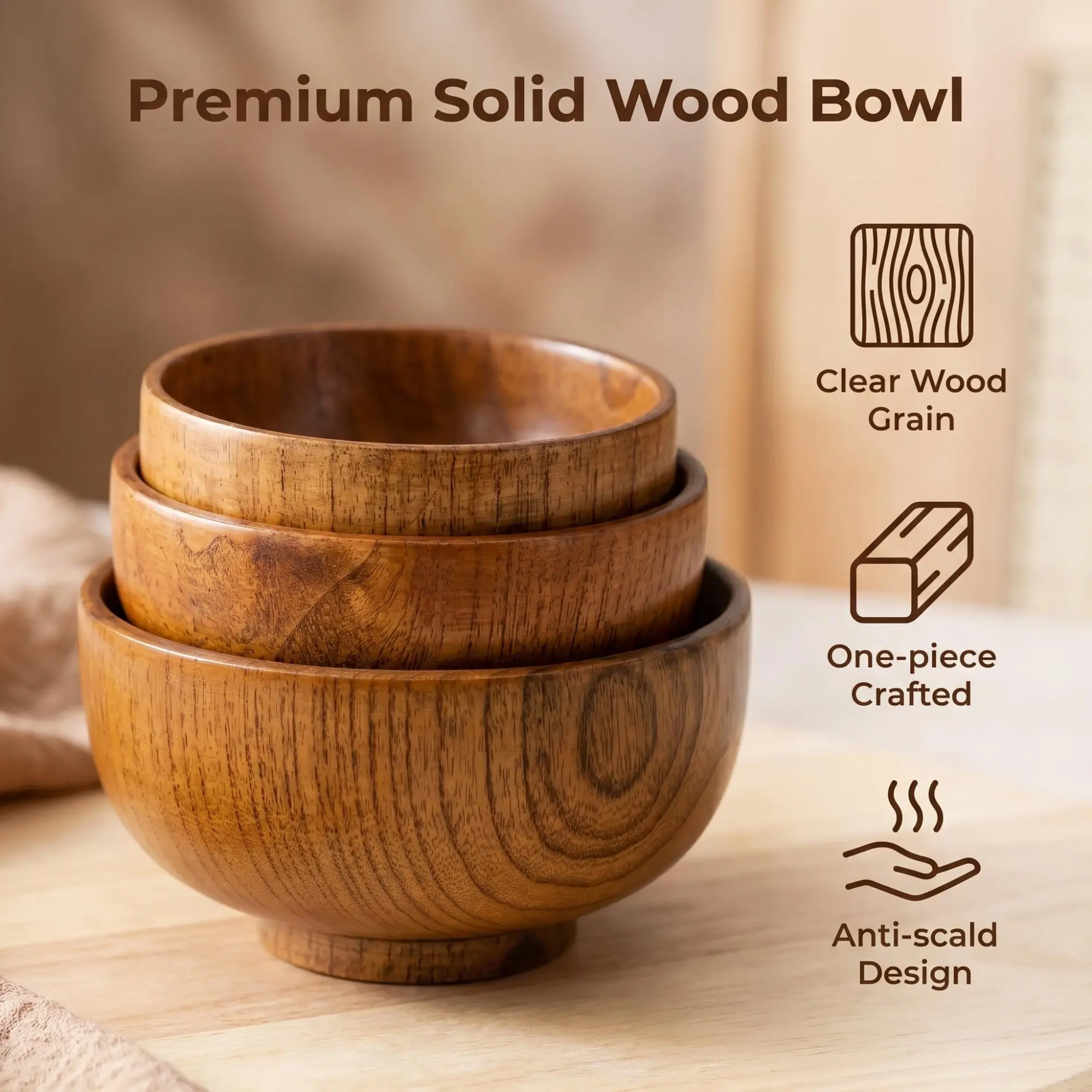 Rustic Natural Wood Hand-carved Tableware Set, 12-piece Set Of Wooden Bowls, Spoons, Forks And Chopsticks, Silky Hand-polished Texture, Multi-purpose Tableware For Family Dining