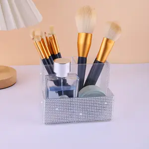 Elegant Storage Box Organizer, Three-Compartment Design, Visible Cosmetic & Makeup Brush Holder, Office Supplies Pen Container