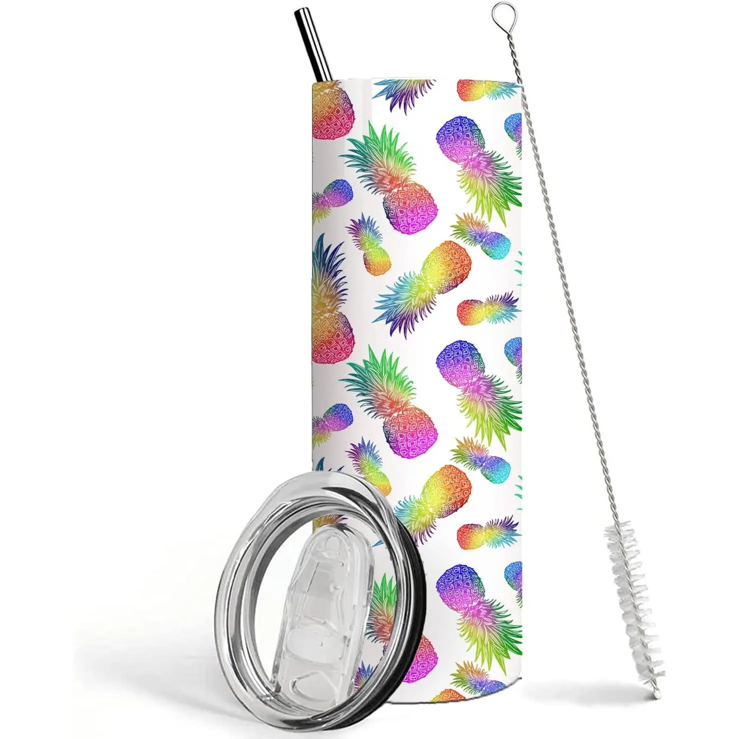 Pineapple Tumbler Colorful Pineapple Gifts 20oz Pineapple Stainless Steel Insulated Tumbler with Lid and Straw Double Wall Travel Coffee Mug Cups Drinkware Transparent, Birthday, Skinny