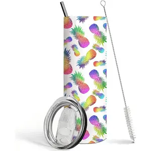 Pineapple Tumbler Colorful Pineapple Gifts 20oz Pineapple Stainless Steel Insulated Tumbler with Lid and Straw Double Wall Travel Coffee Mug Cups Drinkware Transparent, Birthday, Skinny