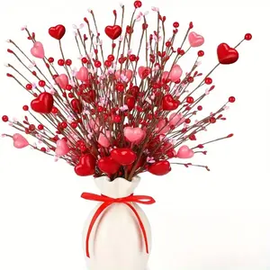 Valentine's Day Artificial Berry Stems with Heart Decorations, Wedding Anniversary Party Birthday Gifts, 16 Inch Set, Plastic Faux Flowers