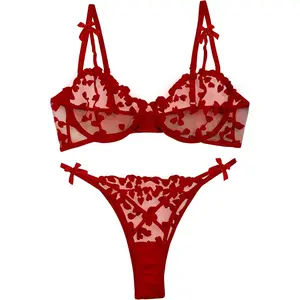 Sexy Underwire Cute Push Up Strappy Embroidered Mesh Sheer Lingerie Set See Through Panty Bra