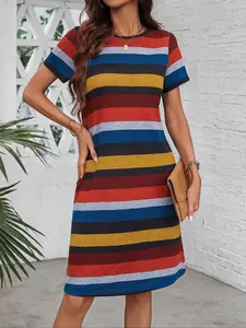 Summer Vintage Rainbow Striped Dress, Womenswear, Straight Tube Fit, Conceals Blemishes, Slimming, Whitening, Versatile, Dopaamine
