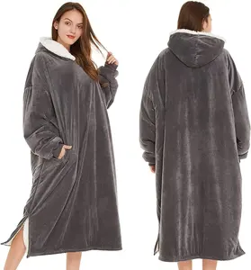 Blanket hoodie, oversized wearable Sherpa wool blanket sweatshirt, super soft and warm with large pockets Cotton Casual Slim-fitting Plain Floral Striped Black White