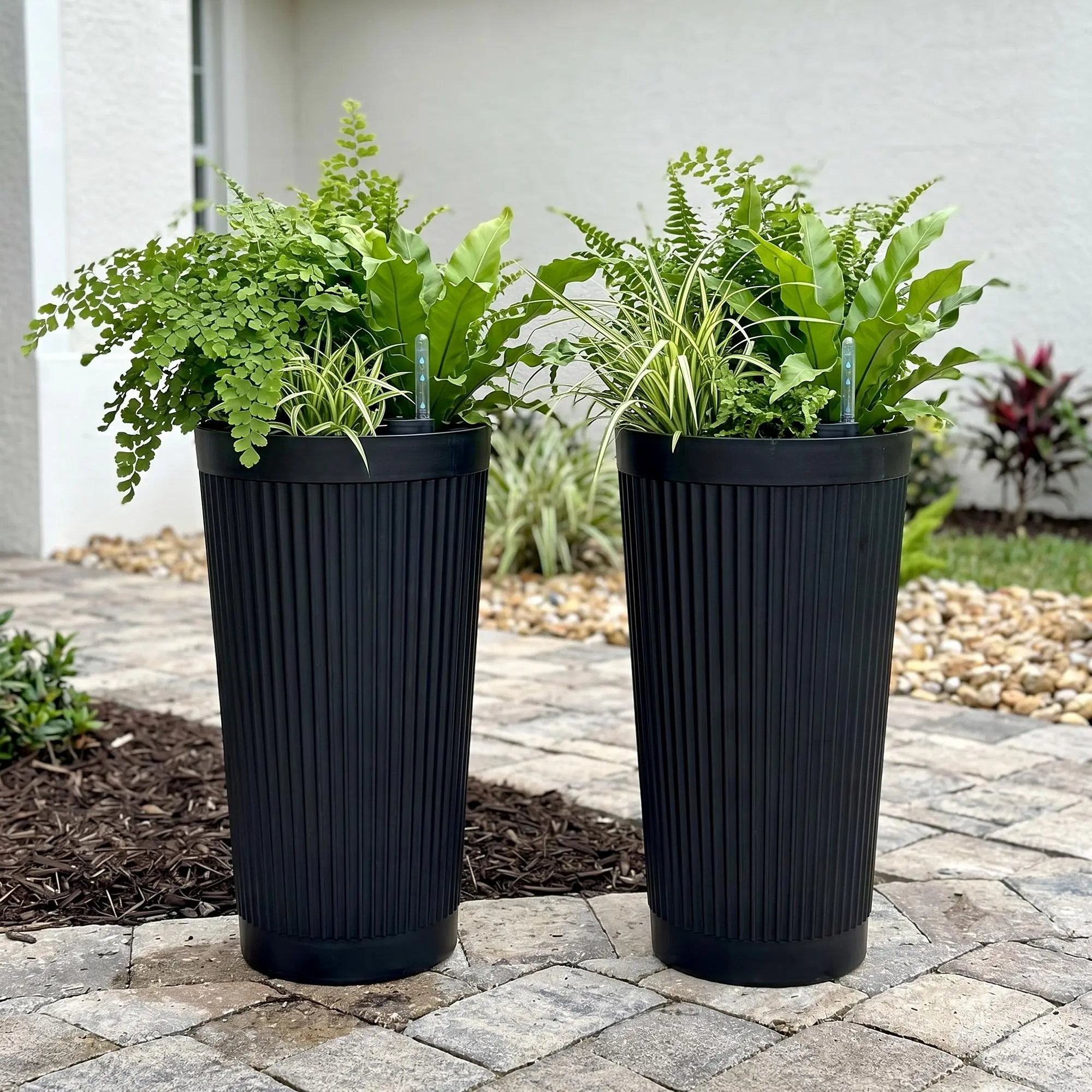 2-Pack 24" Tall Fluted Cylindrical Planters for Indoor Outdoor Plants, Modern Vertical Striped PE Plastic Flower Pots, Durable Weather Resistant Decorative Garden Pots, Large Round Planters for Patio Porch Deck