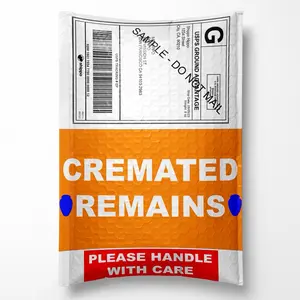 Cremated Remains Packaging - Orange & White Design, "PLEASE HANDLE WITH CARE" Text, Includes Label for Storage and Care