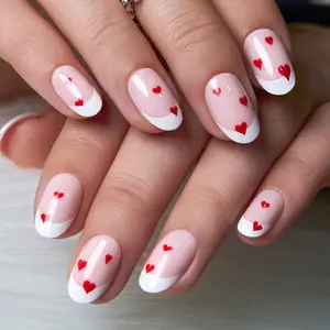 Curvlife extra-short oval heart gel press on nails white glossy-shiny patterns-prints for valentines-day easy apply nail art