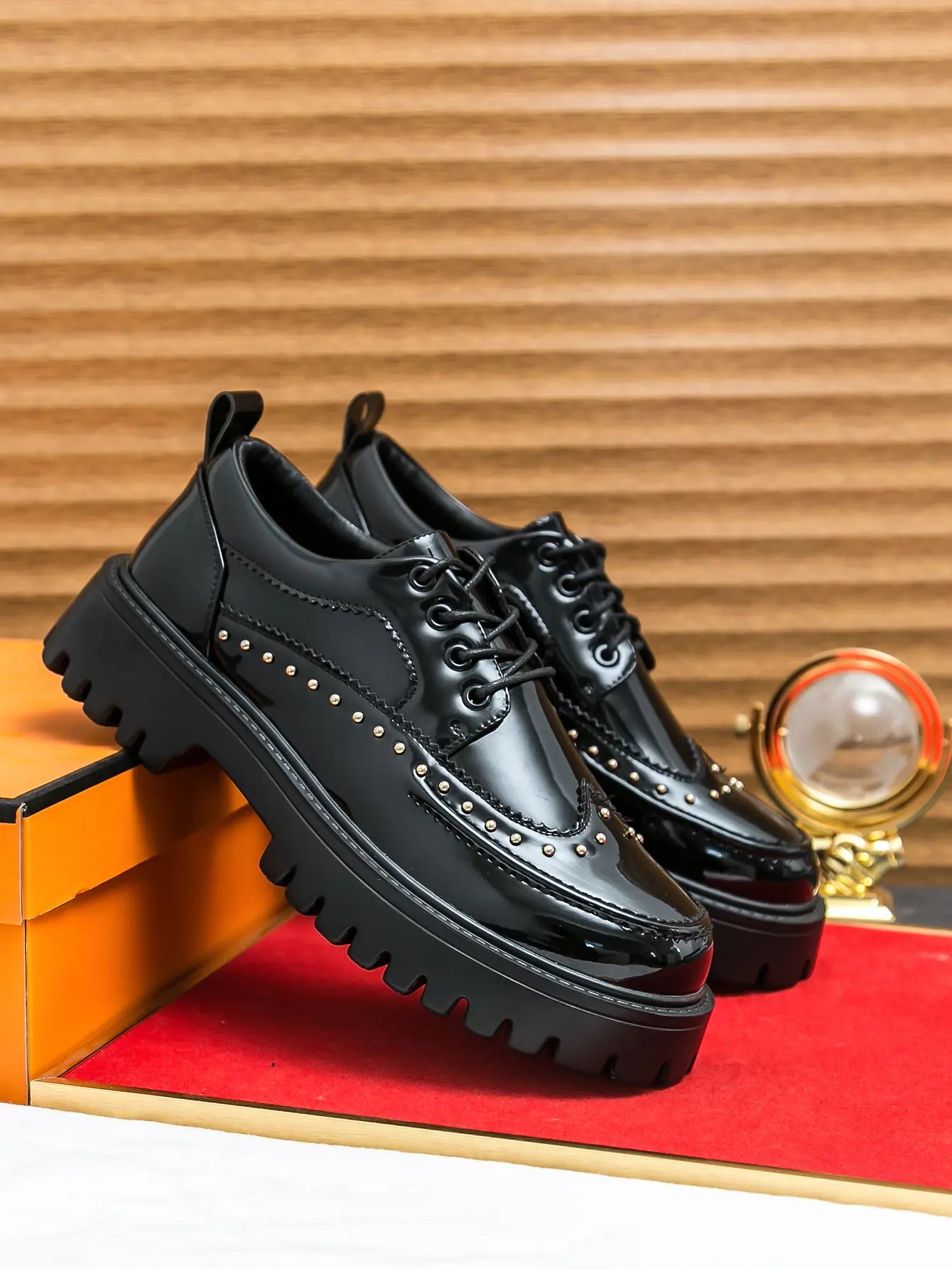 Men's Glossy Leather Closed-Toe Oxford Loafers - Thick Sole, Studded Detail, Chunky Heel, Lace-Up Ankle Design, All-Seasons Casual & Business Footwear, Business Casual, Chunky Heels
