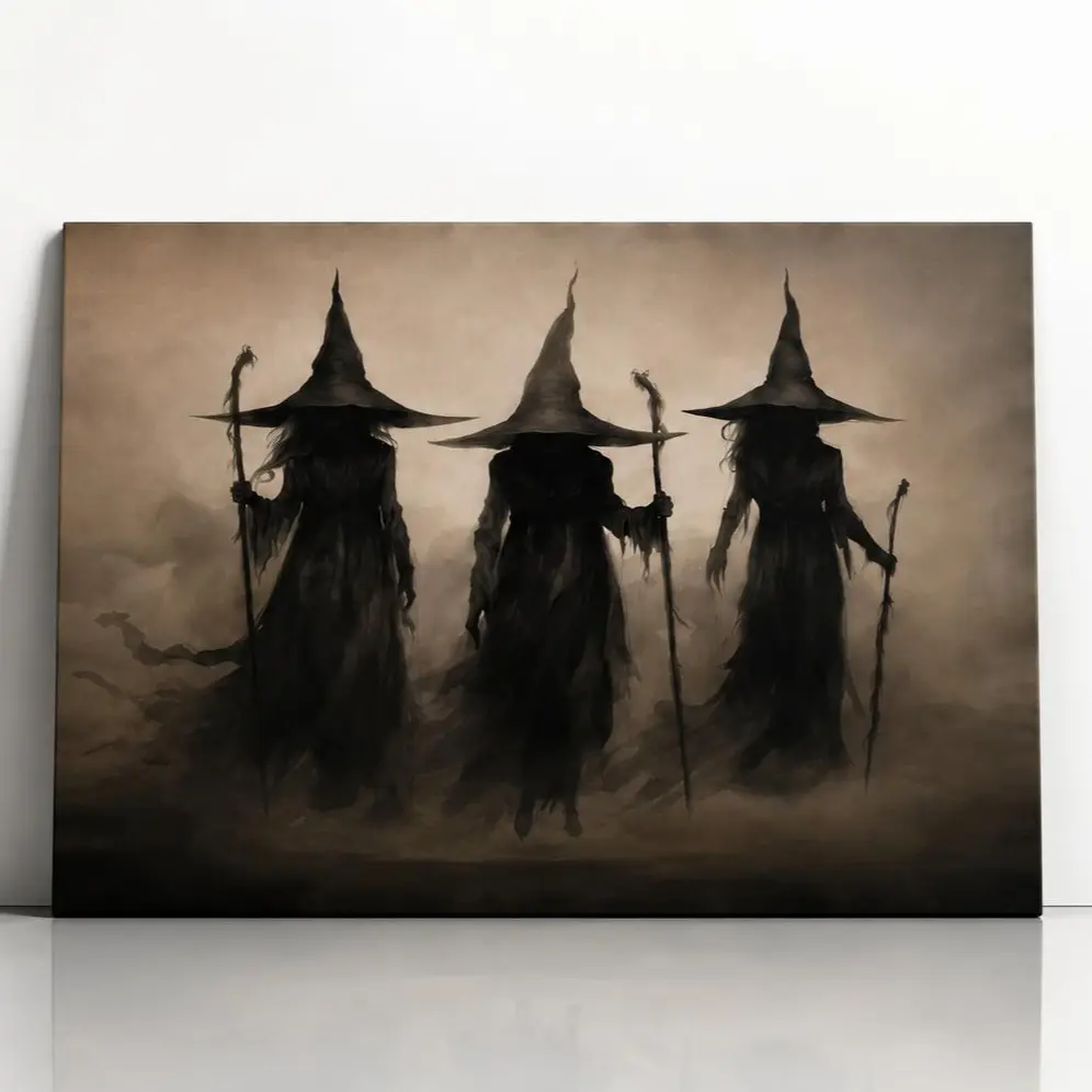 3 Witches Canvas Wall Art, Gothic Halloween Decor, Dark Fantasy Witch Painting, Spooky Vintage Wall Decor for Bedroom Living Room Home