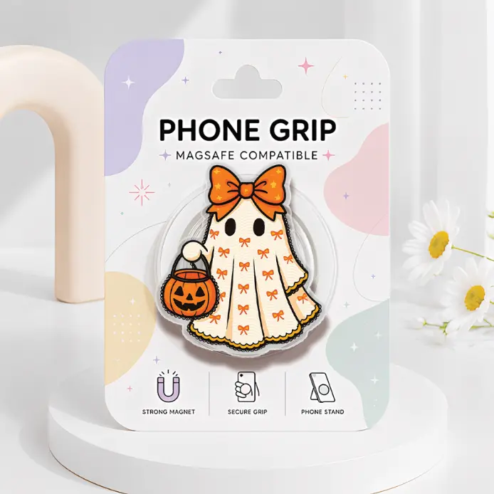 Ghost With Orange Bow Phone Grip, Cute Halloween Ghost Phone Holder, Pumpkin Bucket MagSafe Grip, Cartoon Phone Stand, Coquette Fall Accessory, Halloween Gift