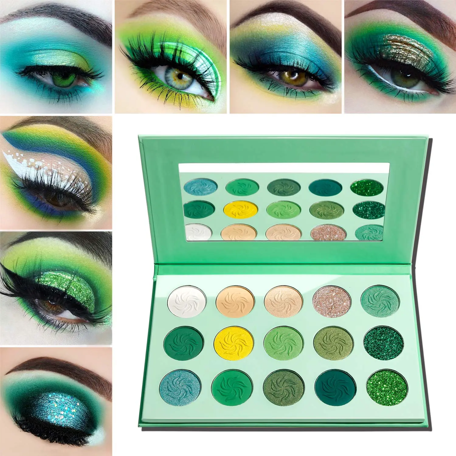 Green Eyeshadow Palette, Green Glitter Eyeshadow Highly Pigmented, Forest Emerald Christmas Makeup Palettes, Yellow Lime Grass Greenish Makeup Eye Shadow Pallet