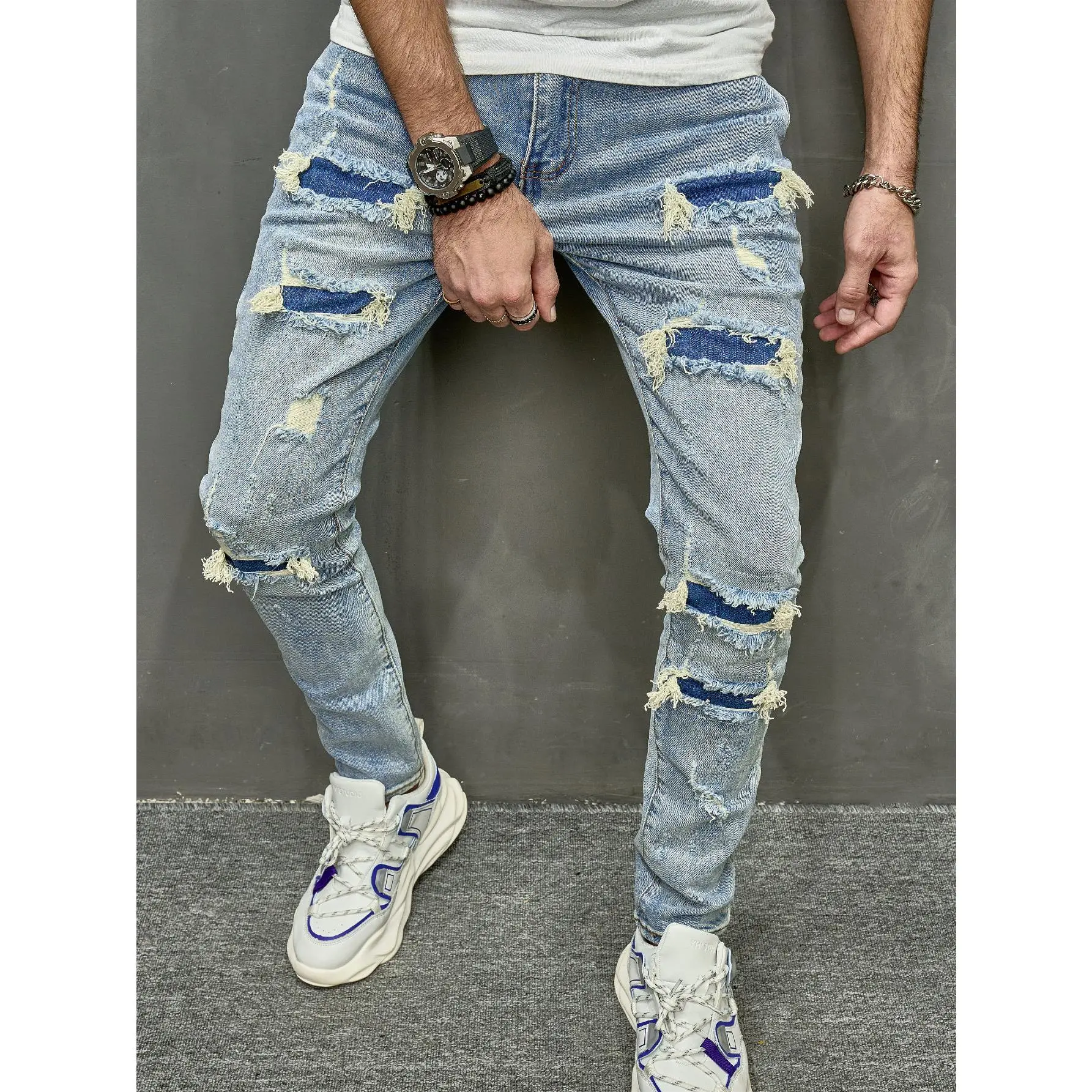 Men's Cotton Ripped Skinny Jeans - Stretch Denim Pants with Distressed Holes, Casual Streetwear Fit