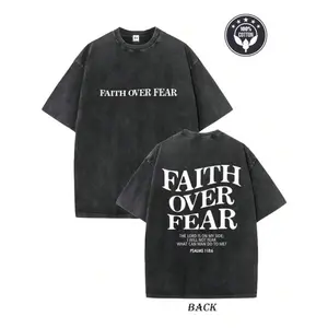 Faith Over Fear Creative Pattern Print Heavyweight 260g Pure Cotton Loose Drop Shoulder T-Shirt Washed T-Shirt Women's Retro Street T-Shirt Basic T-Shirt Loose Hip-Hop Unisex Top Acid Wash T-Shirt
