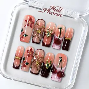 NailPhoria CHERRY ANTLERS - Handmade Press-On Nails | Reusable, Salon-Quality, Long-Lasting, Glossy Design