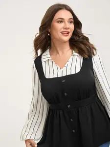 BLOOMCHIC 2-in-1 Button Vest Striped Blouse - Black & White Striped Long Sleeve Lantern Sleeve Fitted Shirt Collar Casual Preppy OL Style Summer Clothing ropa para mujer