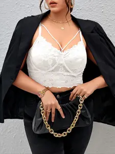 Plus Size Lace Bralette Tank Top, Y2K Deep V Neck Short Crop Top, Bridal Shower & Date Night Essential, Elastic Floral Lace Strap Vest, Camisole, Chic