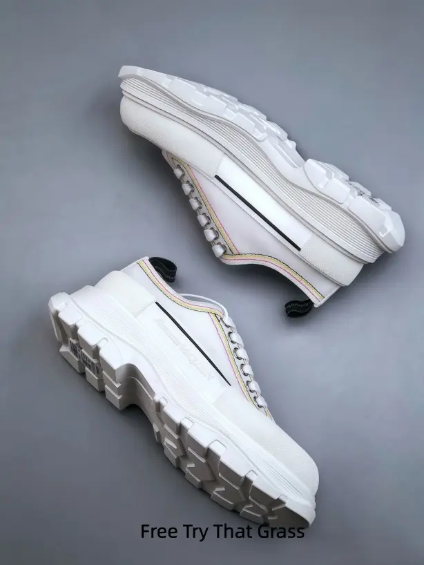 Fresh Rainbow Trim White Daily Walking Chunky Trainers, premium seamless full white leather upper, thin colorful rainbow side piping, ergonomic curved cloud thick cushion sole, wear-resistant deep lug traction outsole, comfy shock-absorbing insole