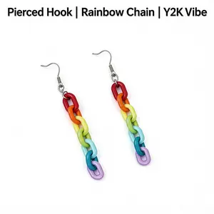 Vintage Rainbow Buckle Acrylic Chain Earrings for Women | (Pierced Hook / Non-Piercing Clip On) |Colorful Plastic Link Dangle Earrings | Y2K Retro Aesthetic Jewelry | Perfect for Daily Wear, Parties, Festivals & Street Style | Lightweight Fun Accessory
