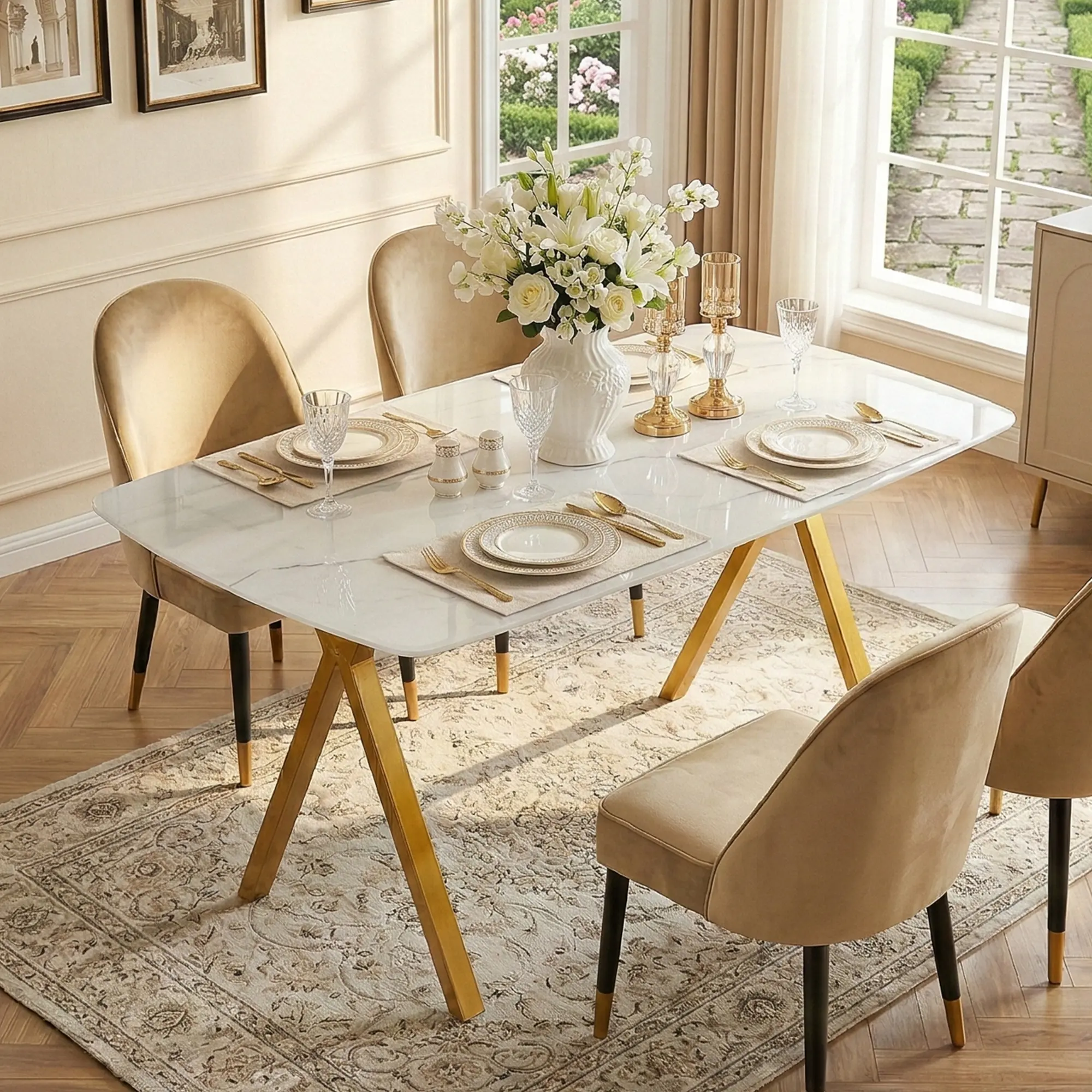 Modern Dining Table - Rectangular Indoor Dining Tables with Marble-Patterned Tempered Glass Top, Golden Metal Legs, Sturdy Frame, Triangular Base, Glass + Metal Build, Ideal for Restaurant Settings & Everyday Meals