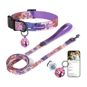 PawView Dog Collar & Leash Set with Smart ID Tag, Adjustable & Comfortable, Heavy Duty, Time Series Pop Art Design