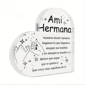 [Flat] Putuo Decorative Spanish Heart-Shaped Crystal Sign Acrylic Photo Plaque - "Ami Hermana Quiero" Friendship Quote, Home Decor, Farmhouse, Living Room Decoration Desktop Centerpiece - Suitable Gift for Sisters, No Power Required, Spanish Home Decor
