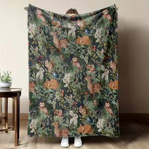 Cartoon Animals Mushroom Forest Flannel Blanket | Soft Cozy Throw | Living Room Bedroom Kids Nap Blanket | Cute Forest Decor