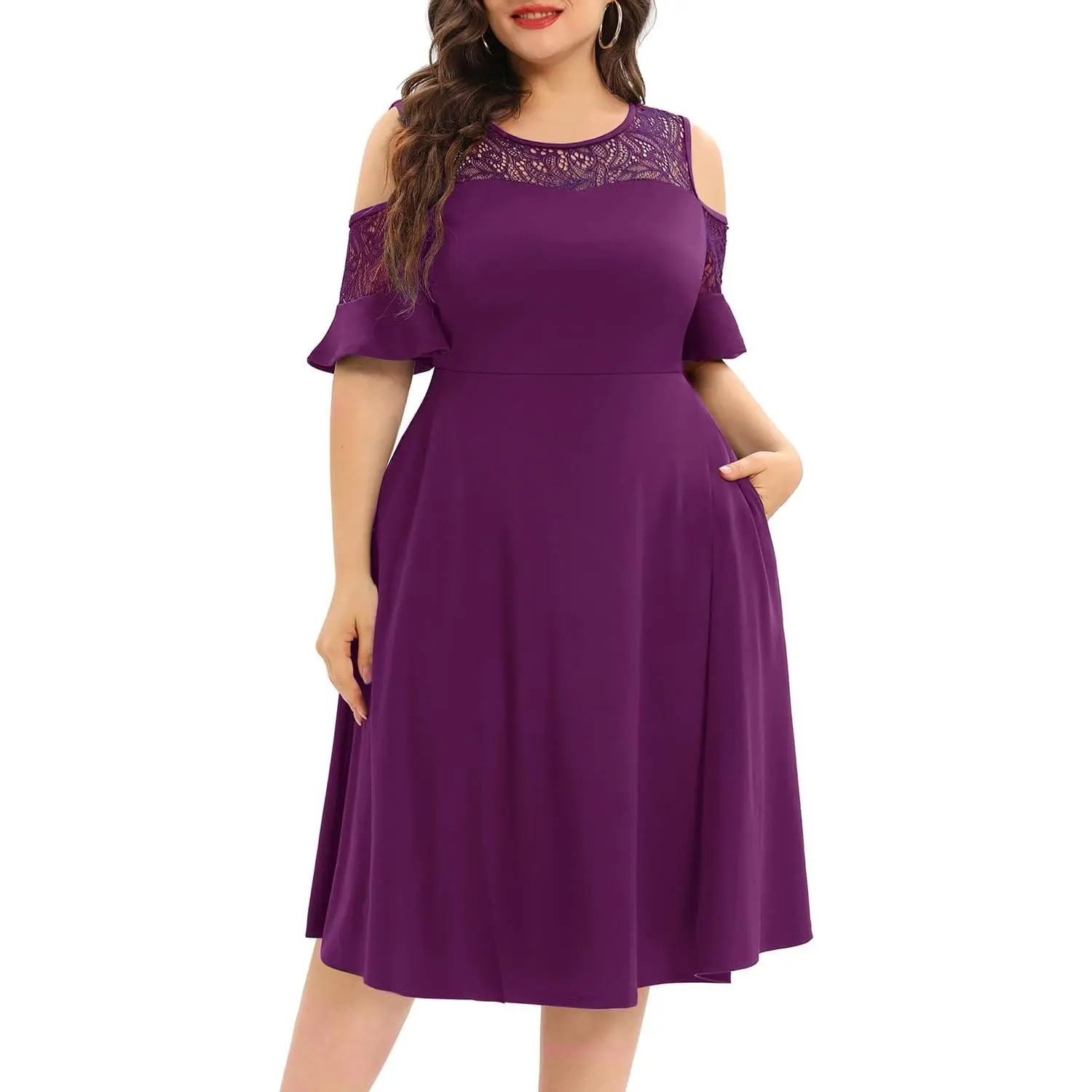 Plus Size Cocktail Dress - Graduation Cold Shoulder Lace Midi Dresses with Pockets