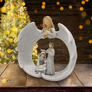 A statue of the birth of Jesus Christ, a sacred family and angel sculpture, an elegant white resin religious statue, intricate interior sculpture, perfect holiday decoration