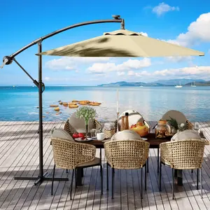 Gaomon 10ft LED Lighted Cantilever Patio Umbrella with PU Coated Stable Base, UPF 50+ Sun Protection, Easy Tilt, 8 Sturdy Ribs, Durable Fabric for Deck, Backyard