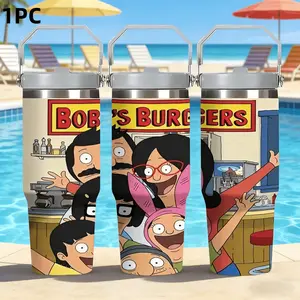 1pc 30oz Happy Burger Shop Family Portrait-themed Insulated cup for Bob's Burgers - Cartoon-themed stainless steel portable water cup with handle and straw