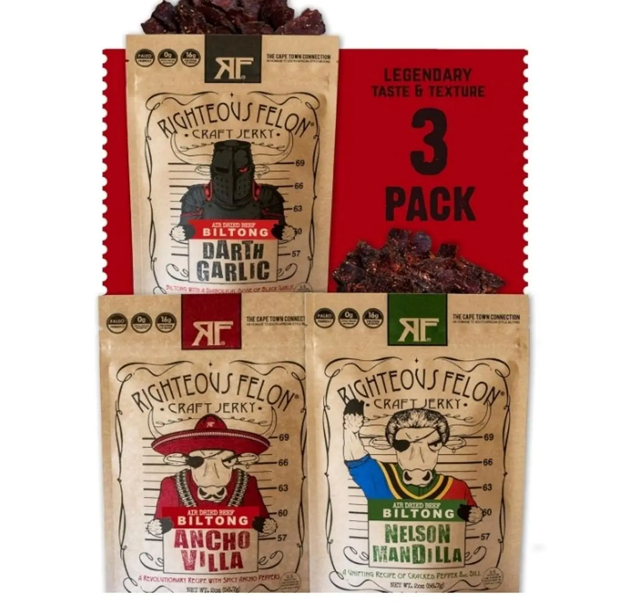 Biltong Beef Jerky Variety Pack | South African Biltong Snack Packs for Adults | High Protein, Keto-Friendly, Low Sugar | Made with Premium Meats | Beef Jerky Gifts for Men | 3 Pack
